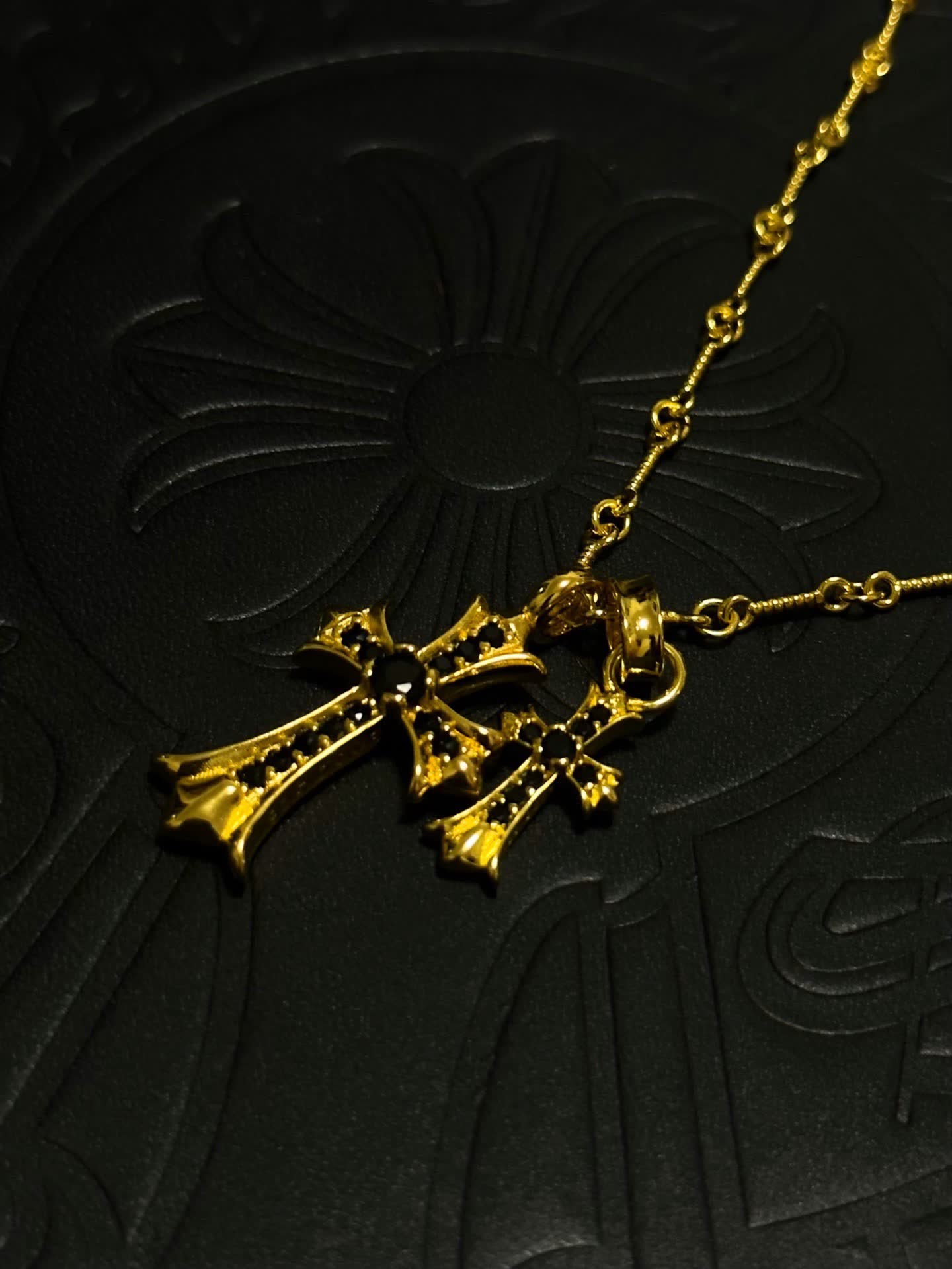 Chrome Hearts Gold Cross Pendant Necklace with Black Stones